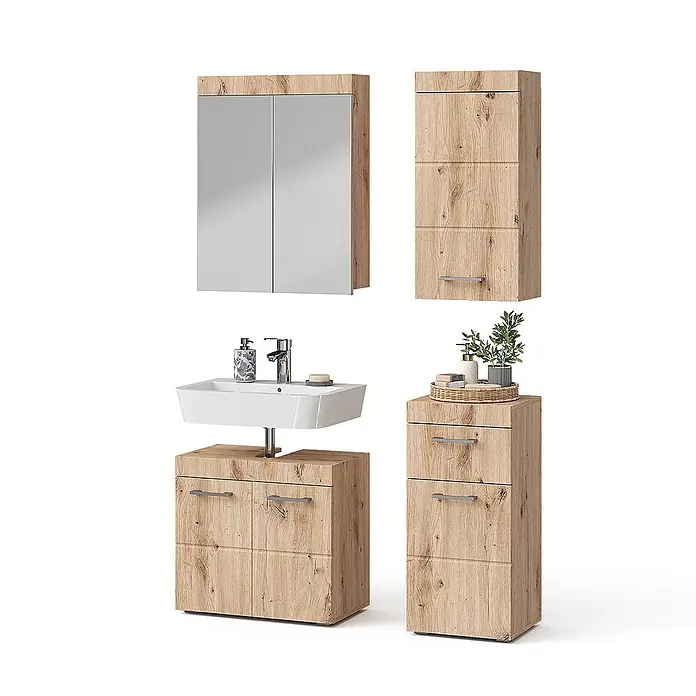 Vicco Badmöbel-Set Luna Eiche Wotan 4 Teile, mit Hängeschrank - Gesamtbreite Badmöbel: 97 cm, Eiche Wotan, Matt - Badezimmermöbel-Set aus hellem Holz: Spiegelschrank, Waschtischunterschrank mit weißem Becken und zwei hohe Schränke mit Griffen.