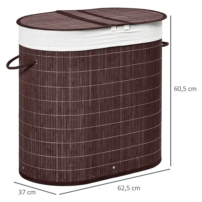 Homcom Allzweck-Korb 100l - 62,5 x 37 x 60,5 cm, Holz, Braun - Dunkelbrauner Wäschekorb aus Bambus mit weißem Stoffeinsatz und geteiltem Deckel zur Wäscheaufbewahrung.