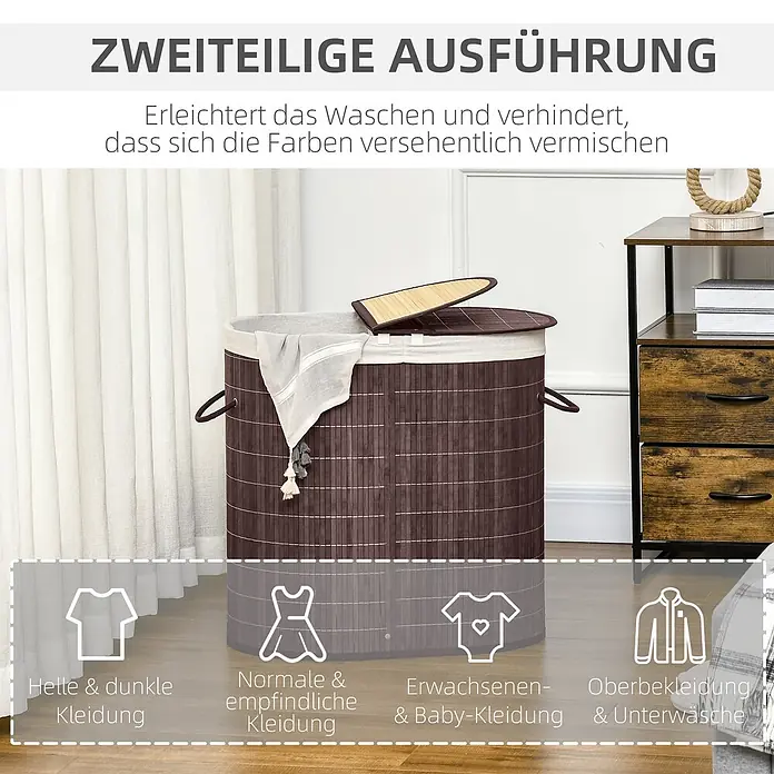 Homcom Allzweck-Korb 100l - 62,5 x 37 x 60,5 cm, Holz, Braun - Dunkelbrauner Bambus-Wäschekorb mit zweiteiligem Deckel und Stofffutter, ideal zur Wäschetrennung.