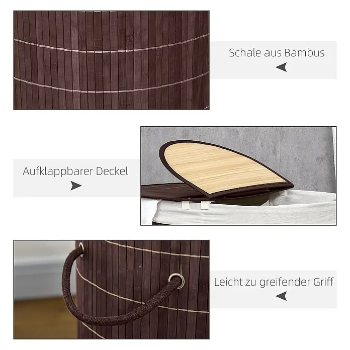Homcom Allzweck-Korb 100l - 62,5 x 37 x 60,5 cm, Holz, Braun - Brauner Wäschekorb aus Bambus mit aufklappbarem Deckel und Seilgriffen.