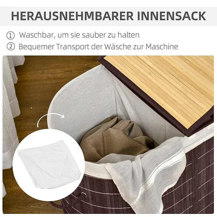 Homcom Allzweck-Korb 100l - 62,5 x 37 x 60,5 cm, Holz, Braun - Dunkelbrauner Bambus-Wäschekorb mit herausnehmbarem hellem Stoffeinsatz. Der Einsatz wird für Waschbarkeit und einfachen Transport hervorgehoben.