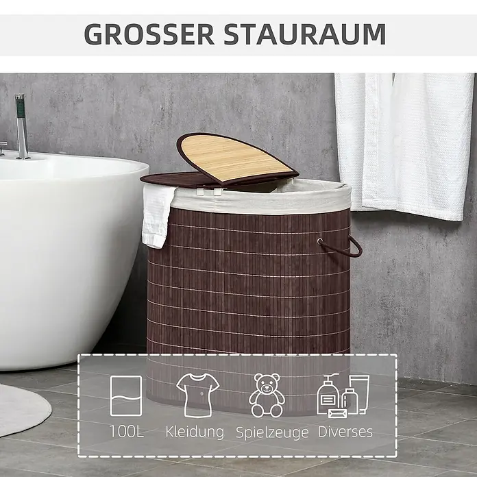 Homcom Allzweck-Korb 100l - 62,5 x 37 x 60,5 cm, Holz, Braun - Dunkelbrauner Bambus-Wäschekorb mit Holzdeckel und weißem Futter, in einem Badezimmer, ideal für Kleidung, Spielzeug und Sonstiges.