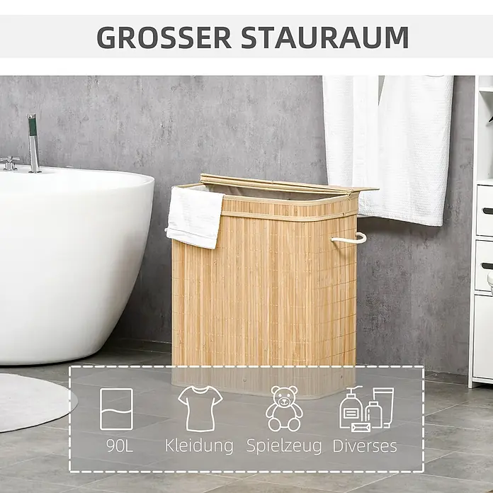 Homcom Allzweck-Korb 90l - 54,2 x 35,2 x 59,5 cm, Holz, Beige - Natürlicher Bambus-Wäschekorb in einem Badezimmer, bietet 90L Stauraum für Kleidung, Spielzeug und Sonstiges.