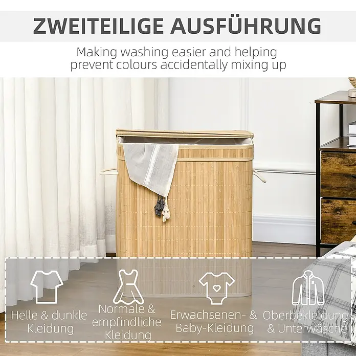 Homcom Allzweck-Korb 90l - 54,2 x 35,2 x 59,5 cm, Holz, Beige - Bambus-Wäschekorb mit zweiteiligem Design zum Sortieren von Kleidung, in einem Raum.