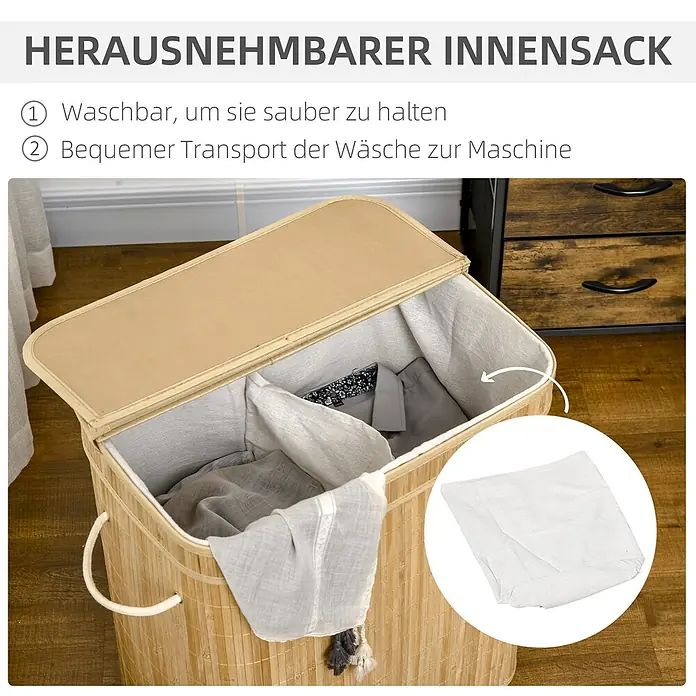 Homcom Allzweck-Korb 90l - 54,2 x 35,2 x 59,5 cm, Holz, Beige - Wäschekorb aus Bambus mit herausnehmbarem weißem Stoff-Innensack für einfaches Waschen und Transport.