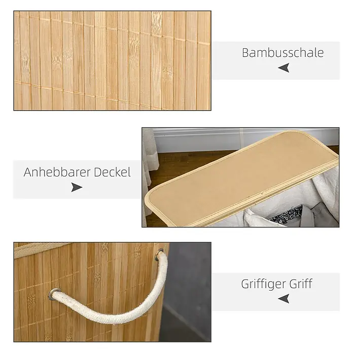 Homcom Allzweck-Korb 90l - 54,2 x 35,2 x 59,5 cm, Holz, Beige - Bambuskorb mit sichtbarer Struktur, abhebbarem Stoffdeckel und weißem Seilgriff.