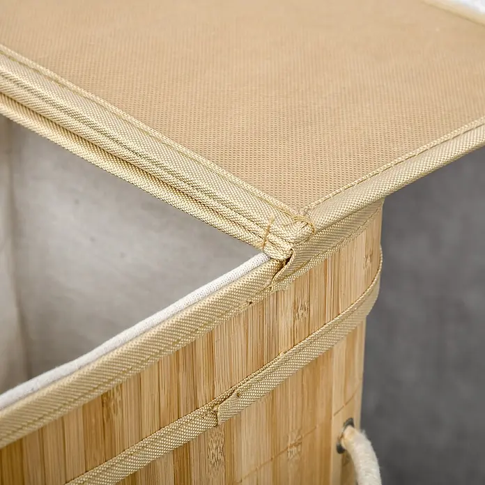 Homcom Allzweck-Korb 90l - 54,2 x 35,2 x 59,5 cm, Holz, Beige - Obere Ecke eines Wäschekorbs aus Bambus und beigem Stoff, mit offenem Deckel, der das Stofffutter zeigt.