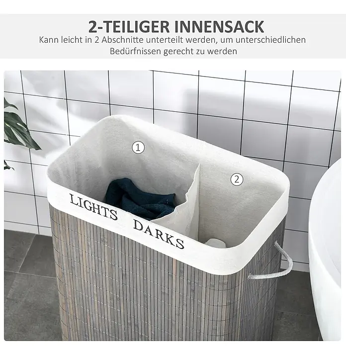 Homcom Allzweck-Korb 100l - 52 x 32 x 63 cm, Holz, Grau - Grauer Bambus-Wäschekorb mit 2-teiligem, weißem Innensack, beschriftet "LIGHTS" und "DARKS", für getrennte Wäsche.