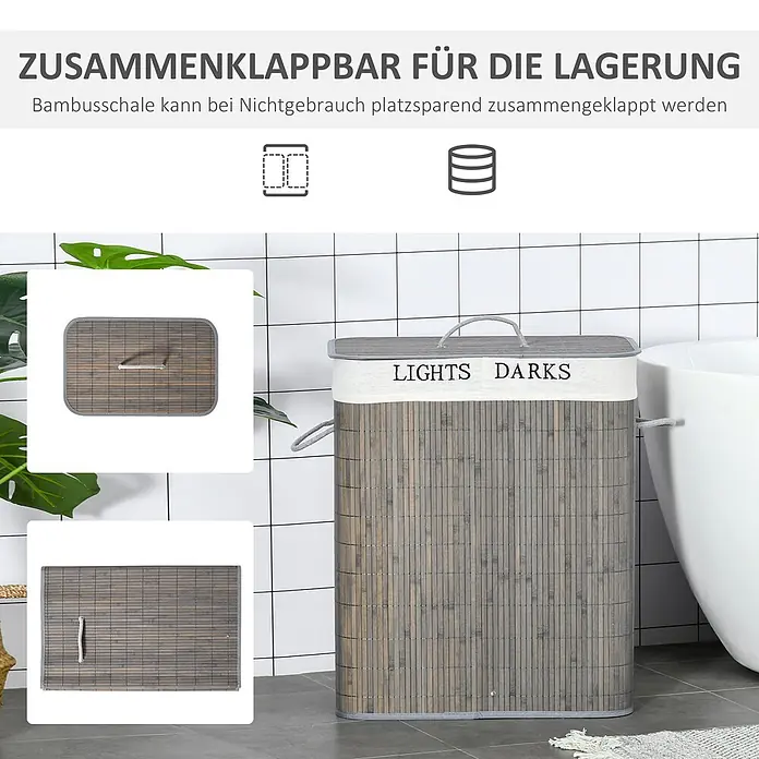 Homcom Allzweck-Korb 100l - 52 x 32 x 63 cm, Holz, Grau - Graubrauner, zusammenklappbarer Wäschekorb aus Bambus mit "LIGHTS DARKS" Beschriftung, in einem Badezimmer neben einer Badewanne.