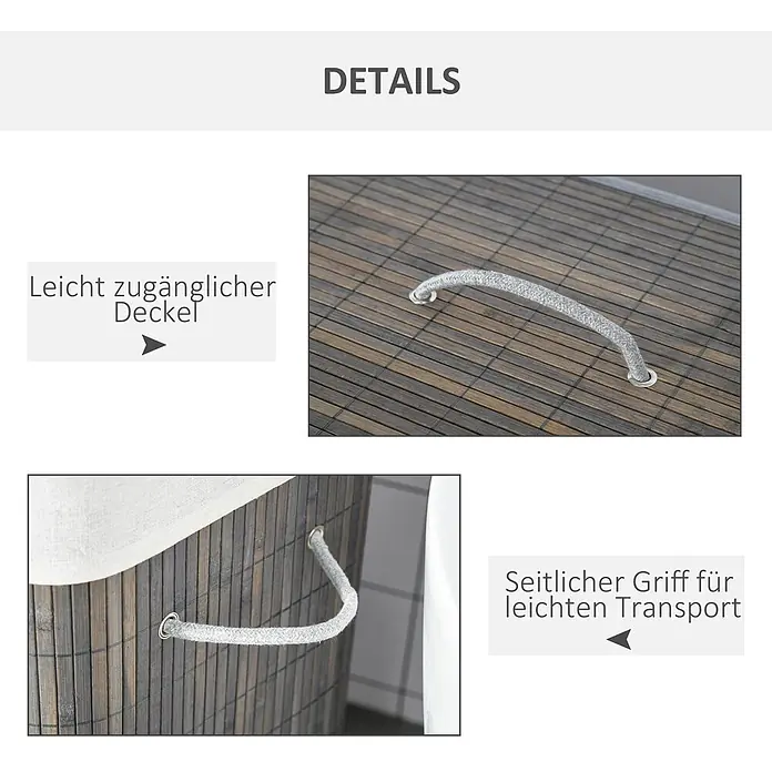 Homcom Allzweck-Korb 100l - 52 x 32 x 63 cm, Holz, Grau - Nahaufnahme eines Bambus-Wäschesacks mit hellem Seilgriff am Deckel und seitlichem Seilgriff für einfachen Transport.