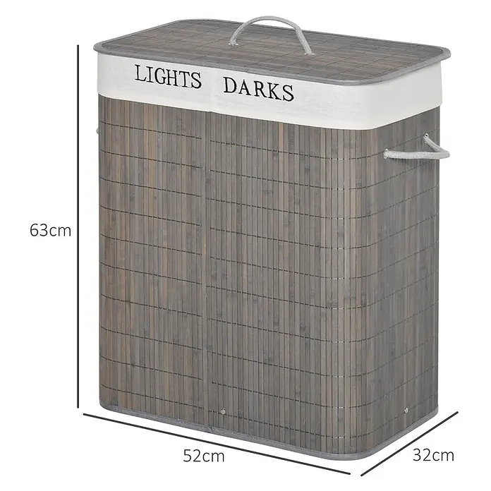 Homcom Allzweck-Korb 100l - 52 x 32 x 63 cm, Holz, Grau - Grau-brauner Wäschekorb aus Bambus mit Deckel und 'LIGHTS DARKS' Beschriftung. Maße: 63x52x32cm.