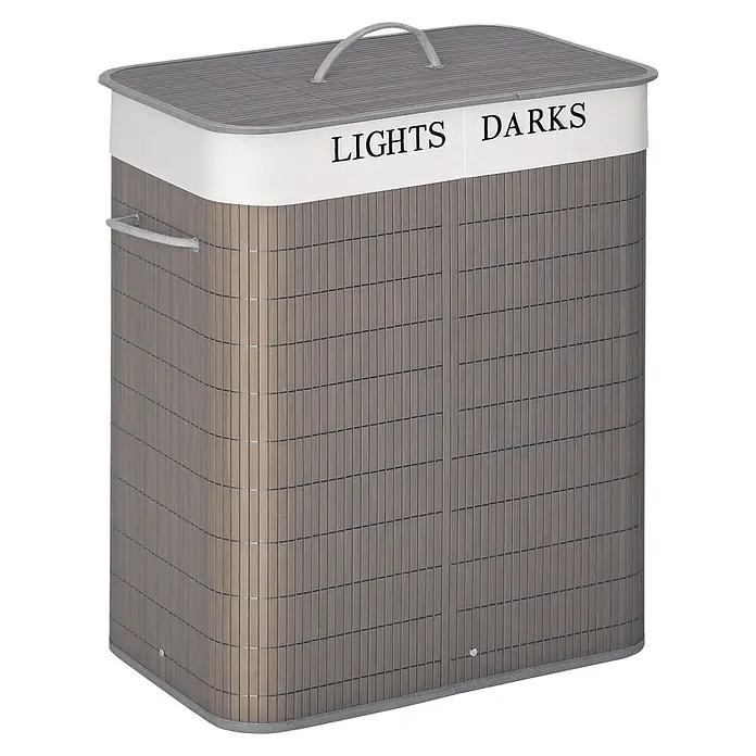 Homcom Allzweck-Korb 100l - 52 x 32 x 63 cm, Holz, Grau - Grauer Wäschekorb aus Bambus mit Deckel und Seilgriffen, beschriftet mit 'Lights' und 'Darks'.