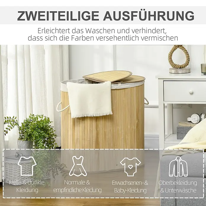 Homcom Allzweck-Korb 100l - Holz, Beige - Zweigeteilter Bambus-Wäschekorb zum Sortieren von Kleidung nach Farben und Typen.
