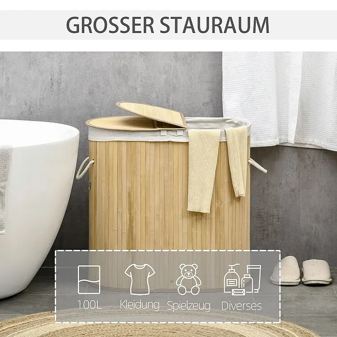 Homcom Allzweck-Korb 100l - Holz, Beige - Wäschekorb aus Bambus mit Deckel und Stofffutter, 100L Fassungsvermögen für Kleidung, Spielzeug und Diverses, im Bad.
