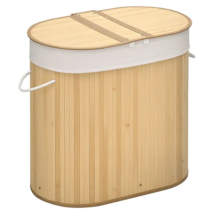 Homcom Allzweck-Korb 100l - Holz, Beige - Ovaler Bambus-Wäschekorb mit hellem Stoffbesatz und Deckel, mit weißen Griffen.