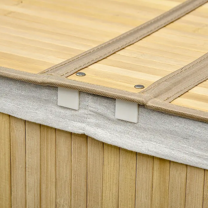 Homcom Allzweck-Korb 100l - Holz, Beige - Bambusbox mit Stoffeinlage, gesichert durch weiße Clips. Deckel mit gewebten Bändern und Metallverschlüssen.