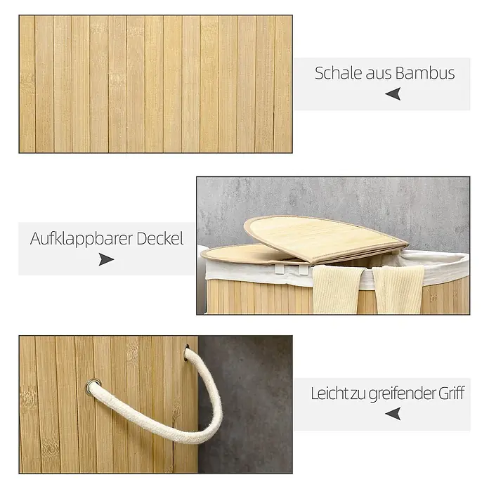 Homcom Allzweck-Korb 100l - Holz, Beige - Wäschekorb aus natürlichem Bambus mit Klappdeckel und leicht zu greifenden Seilgriffen, der seine helle Holztextur hervorhebt.