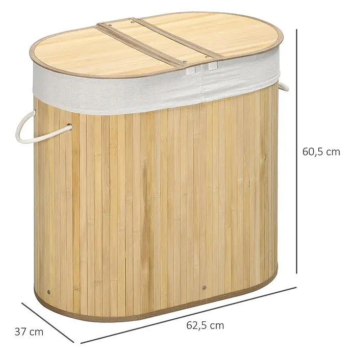Homcom Allzweck-Korb 100l - Holz, Beige - Ovaler Wäschekorb aus Bambus mit hellem Stofffutter, Holzdeckel und Seilgriffen.