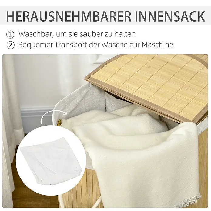Homcom Allzweck-Korb 100l - Holz, Beige - Wäschekorb aus Bambus mit herausnehmbarem, waschbarem Innenbeutel aus hellem Stoff zum bequemen Wäschetransport.