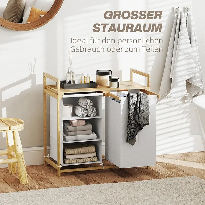 Homcom Allzweck-Korb - 70 x 36 x 70 cm, Holz, Beige - Wäschekorb und Aufbewahrungsregal aus Bambus mit weißen Stofffächern.