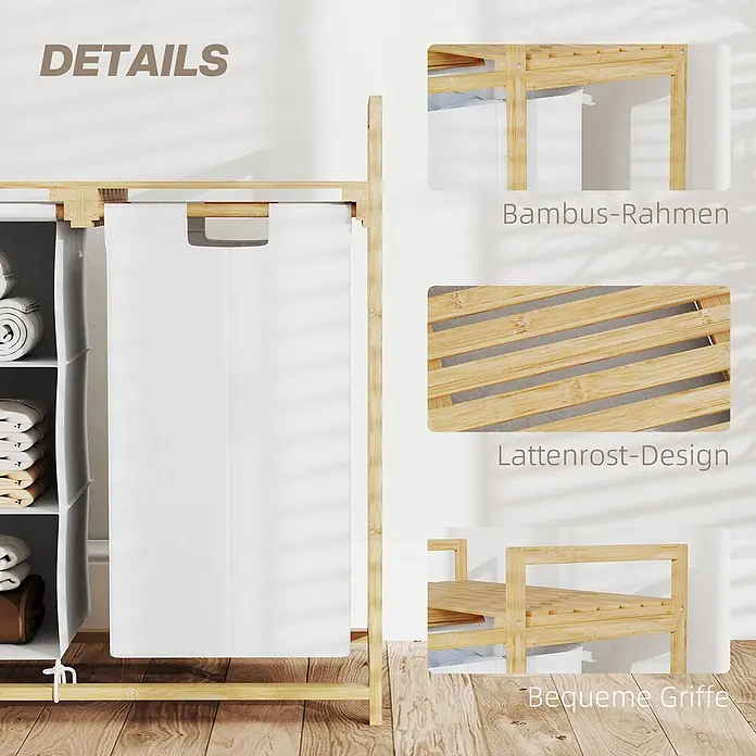 Homcom Allzweck-Korb - 70 x 36 x 70 cm, Holz, Beige - Bambus-Wäschekorb mit Lattenregalen und weißem Stoff-Organizer, mit robustem Bambusrahmen und bequemen Griffen.