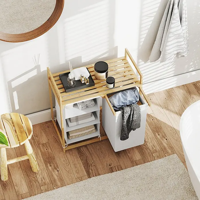 Homcom Allzweck-Korb - 70 x 36 x 70 cm, Holz, Beige - Bambus-Badorganizer mit Regalen für Handtücher und Toilettenartikel, mit integriertem Stoffwäschesammler im modernen Bad.