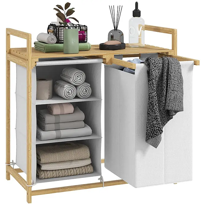 Homcom Allzweck-Korb - 70 x 36 x 70 cm, Holz, Beige - Wäschekorb aus Bambus mit Ablagefächern, heller Holzrahmen und weiß/graue Stoffbehälter zur Aufbewahrung von Kleidung und Handtüchern.