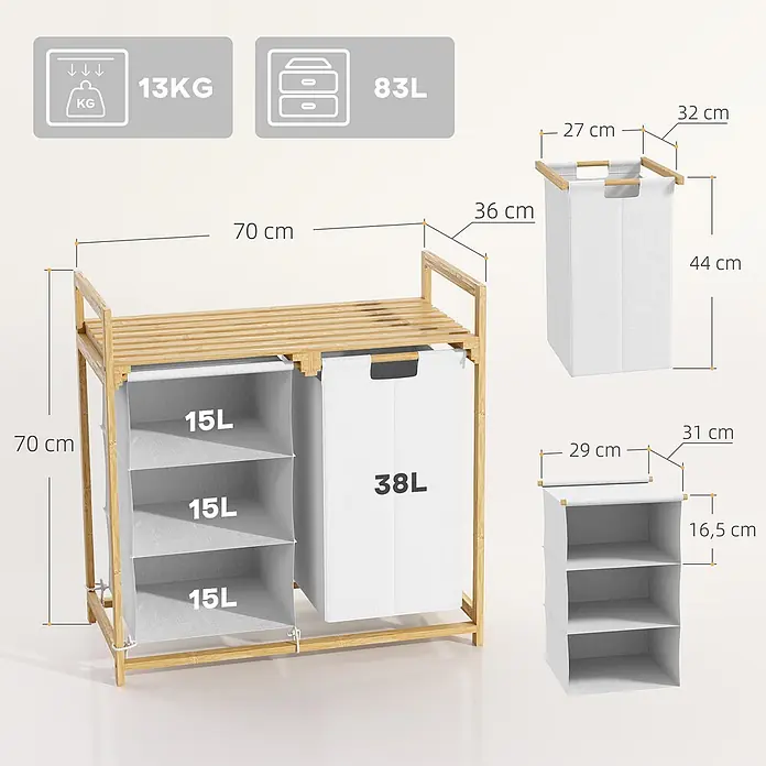Homcom Allzweck-Korb - 70 x 36 x 70 cm, Holz, Beige - Wäschekorb aus Bambus mit drei 15L Fächern und einem 38L Wäschesack, gesamt 83L Fassungsvermögen. Max. Belastung 13kg, 70x70x36 cm.