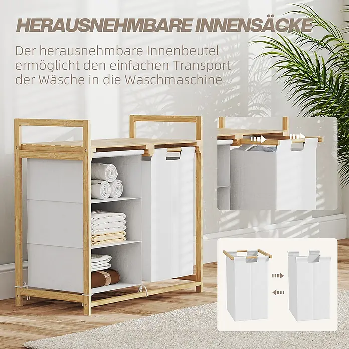 Homcom Allzweck-Korb - 70 x 36 x 70 cm, Holz, Beige - Bambus-Wäschesortierer mit Regalen und herausnehmbaren hellen Stoffbeuteln zum einfachen Wäschetransport.