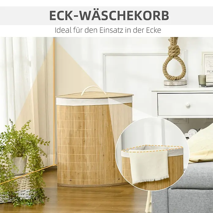 Homcom Allzweck-Korb 55l - 38 x 38 x 57 cm, Holz, Beige - Eck-Wäschekorb aus Bambus mit Stoffdeckel und -auskleidung, perfekt für Raumecken.