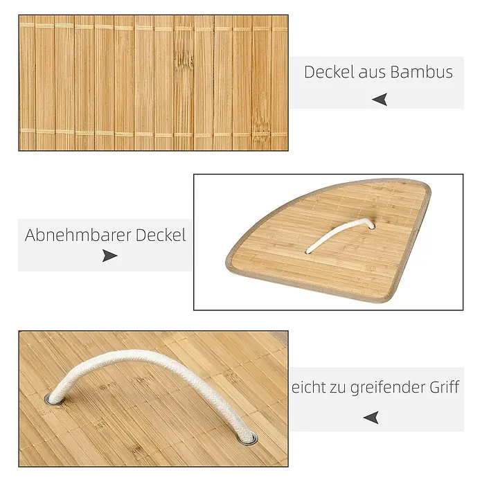 Homcom Allzweck-Korb 55l - 38 x 38 x 57 cm, Holz, Beige - Abnehmbarer Bambusdeckel mit einem leicht zu greifenden weißen Seilgriff.