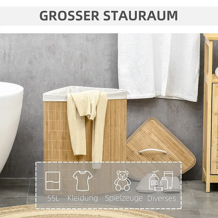 Homcom Allzweck-Korb 55l - 38 x 38 x 57 cm, Holz, Beige - Heller 55L Bambus-Wäschekorb mit weißem Stofffutter, für Kleidung, Spielzeug und Sonstiges, in einem modernen Badezimmer.