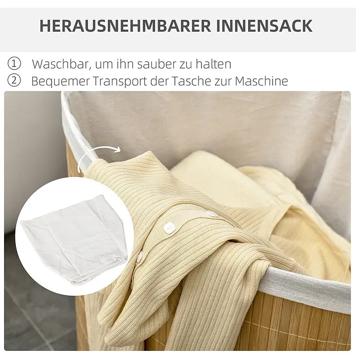 Homcom Allzweck-Korb 55l - 38 x 38 x 57 cm, Holz, Beige - Wäschekorb aus Bambus mit herausnehmbarem, waschbarem Innensack zum einfachen Transport der Wäsche.