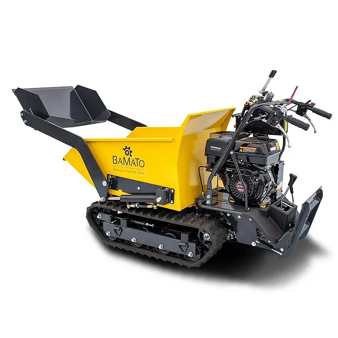 Bamato Kettendumper MTR-500PROS mit Kipphydraulik & Selbstladeeinrichtung - Motorbetrieben, Fassungsvermögen: 215 l, Traglast: 500 kg - Gelber Raupen-Minidumper mit schwarzem Motor, Bedienelementen, Ketten und einer Frontschaufel.