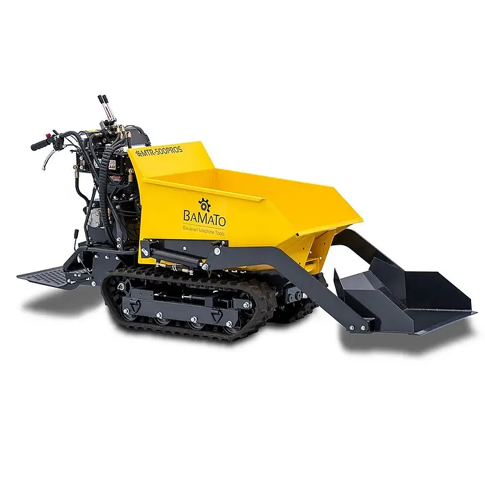 Bamato Kettendumper MTR-500PROS mit Kipphydraulik & Selbstladeeinrichtung - Motorbetrieben, Fassungsvermögen: 215 l, Traglast: 500 kg - Gelber Raupen-Minidumper mit schwarzer Frontschaufel.