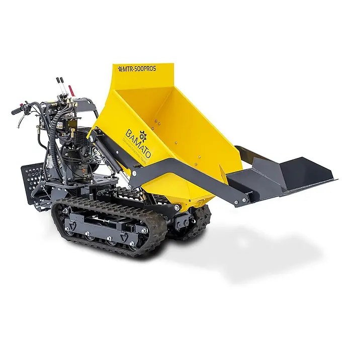 Bamato Kettendumper MTR-500PROS mit Kipphydraulik & Selbstladeeinrichtung - Motorbetrieben, Fassungsvermögen: 215 l, Traglast: 500 kg - Gelber und schwarzer Raupendumper mit Frontschaufel zum Materialtransport.