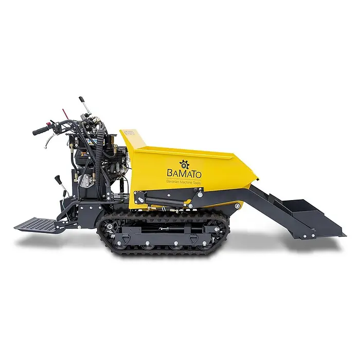 Bamato Kettendumper MTR-500PROS mit Kipphydraulik & Selbstladeeinrichtung - Motorbetrieben, Fassungsvermögen: 215 l, Traglast: 500 kg - Gelbe und schwarze Raupendumper mit Frontladeschaufel.
