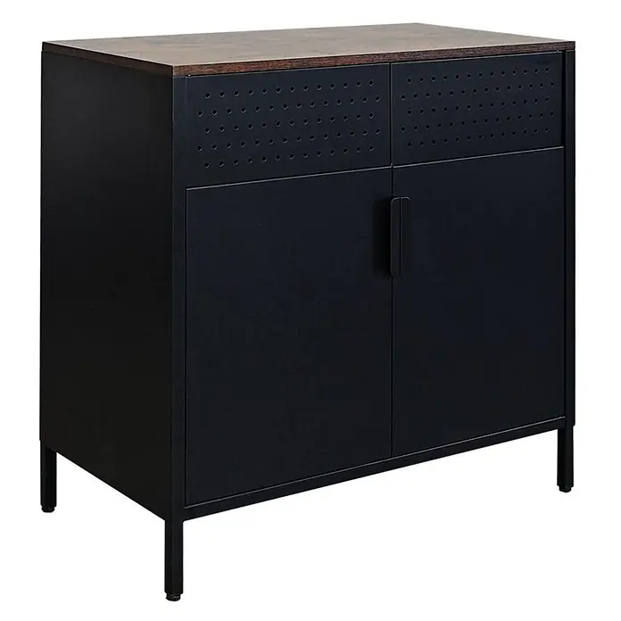 Proregal Metall-Mehrzweckschrank Mega Deal 3x LION mit Beinen & 2 Türen mit Magnetverschluss - Vintagebraun/Schwarz - Schwarzer Metallschrank mit Holzplatte, mit zwei perforierten oberen Fächern und zwei unteren Türen mit Griff.