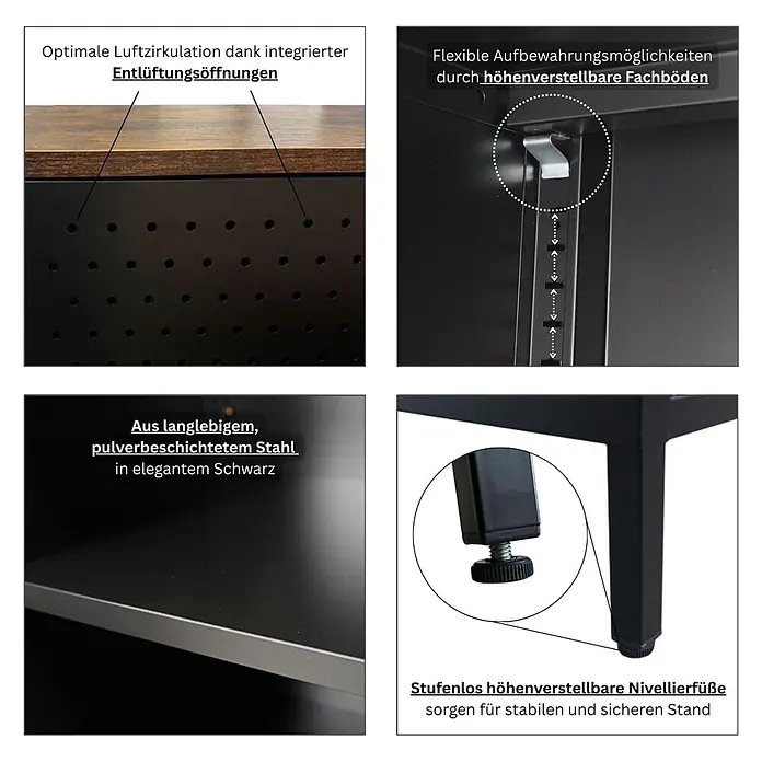 Proregal Metall-Mehrzweckschrank Mega Deal 3x LION mit Beinen & 2 Türen mit Magnetverschluss - Vintagebraun/Schwarz - Schwarzer pulverbeschichteter Stahlschrank mit Holzplatte, Lüftungsöffnungen, höhenverstellbaren Böden und Nivellierfüßen.