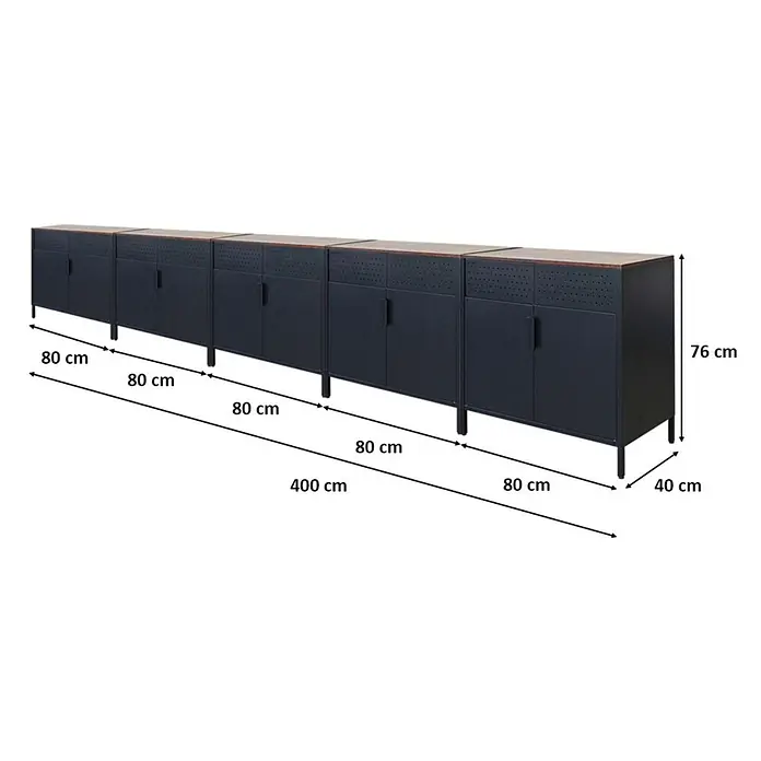 Proregal Metall-Mehrzweckschrank Mega Deal 5x LION mit Beinen & 2 Türen mit Magnetverschluss - Vintagebraun/Schwarz - Langer dunkelblauer modularer Metallschrank mit Holzplatte, 400x76x40 cm. Ideal zur Aufbewahrung.