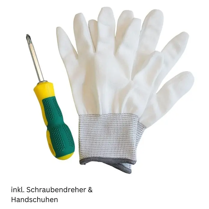 Proregal Metall-Mehrzweckschrank Mega Deal 3x LION mit Beinen & 2 Türen mit Magnetverschluss - Vintagebraun/Schwarz - Gelb-grüner Schraubendreher mit Kreuzschlitzkopf und ein Paar weiße Stoffhandschuhe mit grauen Manschetten.