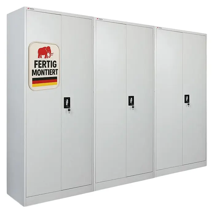 Proregal Metall-Mehrzweckschrank Mega Deal 3x ELEPHANT komplett montiert - 40 x 80 x 180 cm, Lichtgrau - Drei graue Metallschränke mit Türen und Schlössern. Der erste Schrank trägt ein "Fertig Montiert"-Etikett.