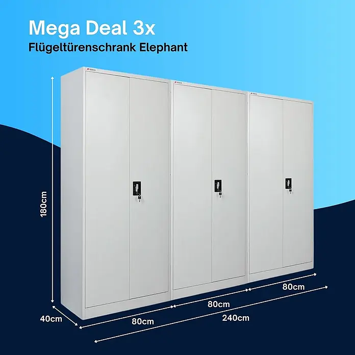Proregal Metall-Mehrzweckschrank Mega Deal 3x ELEPHANT komplett montiert - 40 x 80 x 180 cm, Lichtgrau - 3 graue Flügeltürenschränke aus Metall mit Schlössern. Jeweils 180x80x40cm, Gesamtbreite 240cm.
