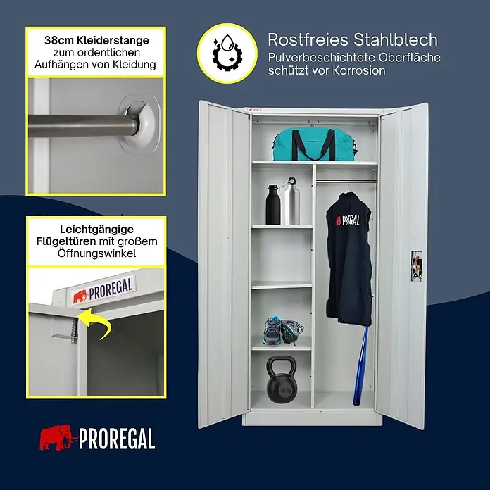 Proregal Metall-Mehrzweckschrank Mega Deal 3x ELEPHANT komplett montiert - 40 x 80 x 180 cm, Lichtgrau - Weißer Metallschrank mit zwei geöffneten Türen, Regalen und einer Kleiderstange, für Sportausrüstung. Aus pulverbeschichtetem Edelstahlblech.
