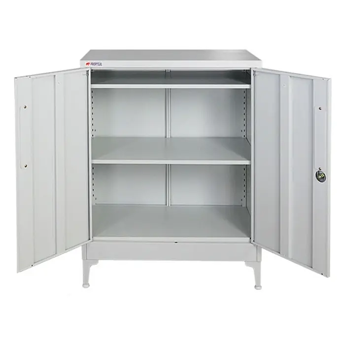 Proregal Metall-Mehrzweckschrank Mega Deal 2x ELEPHANT mit Beinen & 2 Türen, abschließbar - Lichtgrau - Hellgrauer Metallschrank mit offenen Türen, drei Einlegeböden und Beinen.