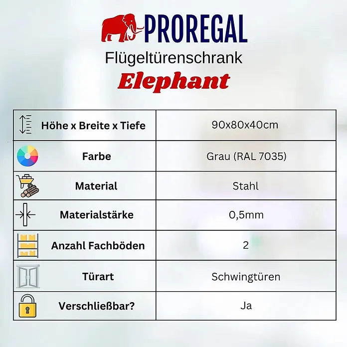 Proregal Metall-Mehrzweckschrank Mega Deal 2x ELEPHANT mit Beinen & 2 Türen, abschließbar - Lichtgrau - Grauer Stahlschrank mit Flügeltüren, 90x80x40cm, mit 2 Einlegeböden und abschließbar.