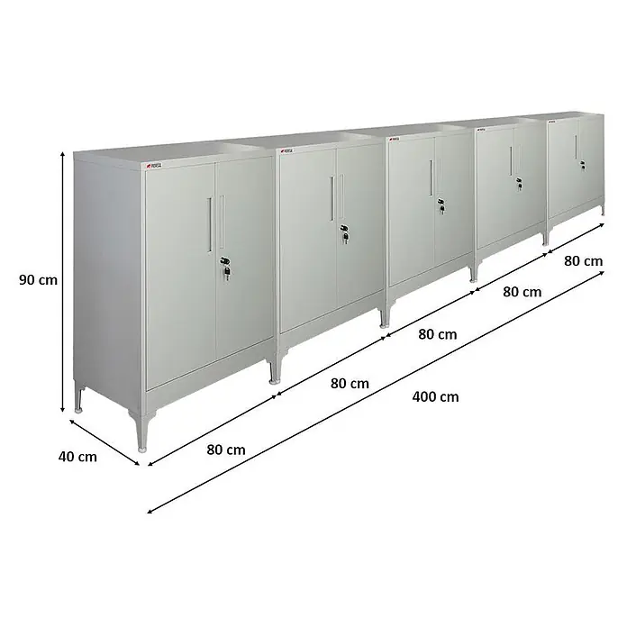 Proregal Metall-Mehrzweckschrank Mega Deal 5x ELEPHANT mit Beinen & 2 Türen, abschließbar - Lichtgrau - Hellegraue Metallschränke, 90x80x40 cm, mit Flügeltüren und Schlössern, in einer Fünferreihe (insgesamt 400 cm).