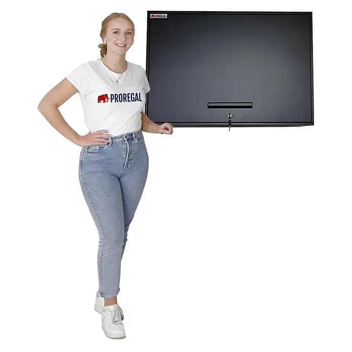 Proregal Metall-Mehrzweckschrank Mega Deal 3x LION + 3x Wandschrank ELEPHANT abschließbar - Vintagebraun/Schwarz - Schwarzer Wandtresor mit Einwurfschlitz und Schlüssel, Größe durch Person veranschaulicht.
