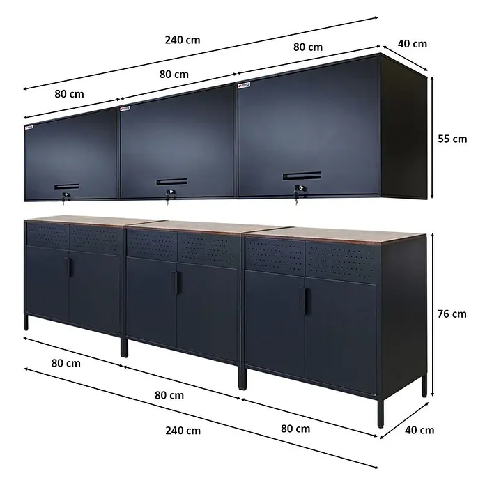 Proregal Metall-Mehrzweckschrank Mega Deal 3x LION + 3x Wandschrank ELEPHANT abschließbar - Vintagebraun/Schwarz - Schwarze modulare Werkstattschränke aus Metall mit Holzplatten, drei Hängeschränke und drei Unterschränke.