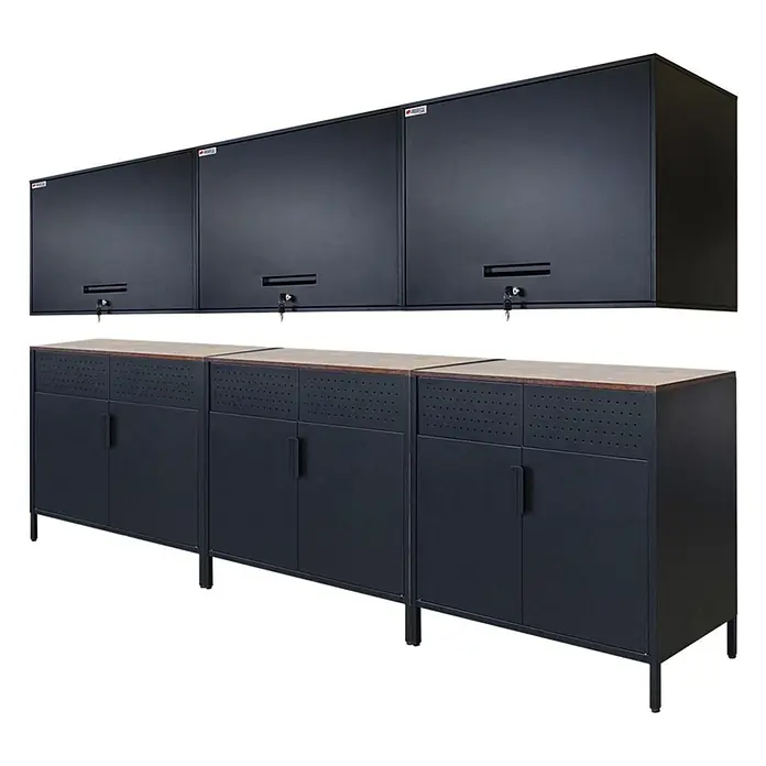 Proregal Metall-Mehrzweckschrank Mega Deal 3x LION + 3x Wandschrank ELEPHANT abschließbar - Vintagebraun/Schwarz - Schwarzes Metall-Garagen-/Werkstatt-Aufbewahrungssystem mit Hängeschränken und Unterschränken mit Holzplatten und Lochblech.